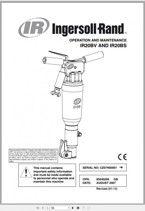 Ingersoll Rand Construction Tool IR20BV IR20BS Parts Manual, Operation and Maintenance Manual 2013