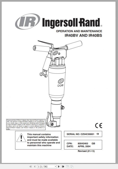 Ingersoll Rand Construction Tool IR40BV IR40BS Parts Manual, Operation and Maintenance Manual 2013