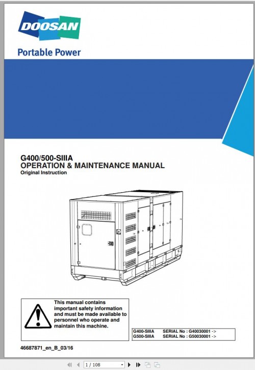 Ingersoll Rand Generator G400 SIIIA Operation and Maintenance Manual 2016