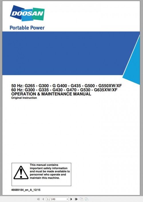Ingersoll Rand Generator G400 XW XF Operation and Maintenance Manual 2015