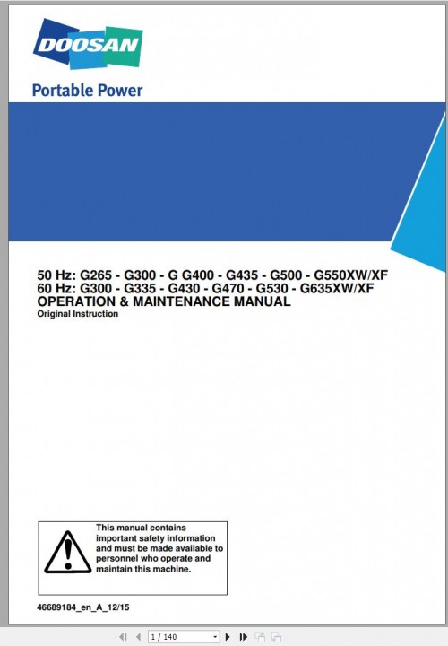 Ingersoll Rand Generator G435 XW XF Operation and Maintenance Manual 2015