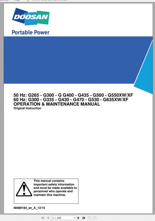 Ingersoll Rand Generator G470 XW XF Operation and Maintenance Manual 2015