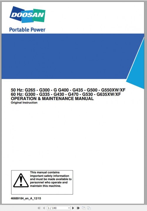 Ingersoll Rand Generator G635 XW XF Operation and Maintenance Manual 2015