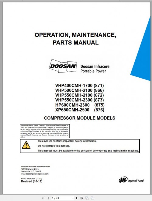 Ingersoll Rand Compressor Module XP650CMH Parts Manual, Operating and Maintenance Manual 2012