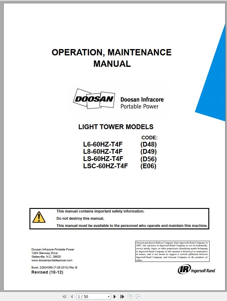 Ingersoll Rand Light Tower LSC Operation and Maintenance Manual 2015 ...