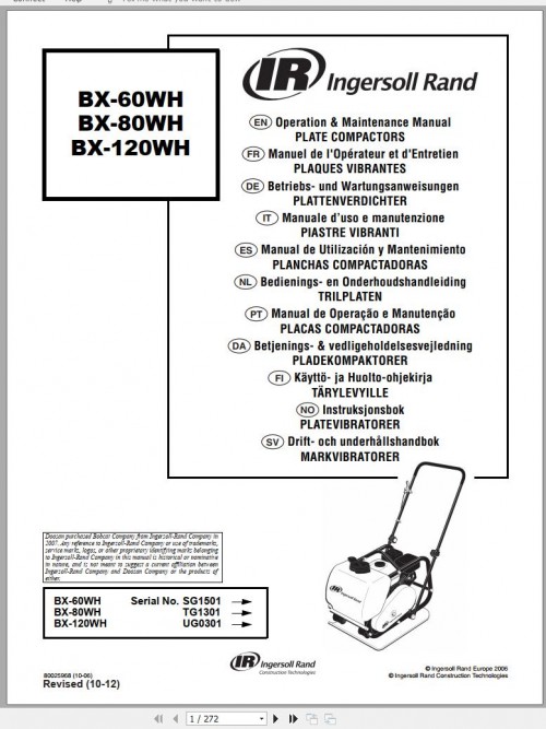 Ingersoll Rand Light Compaction BX 60WH Operating & Maintenance Manual 2012