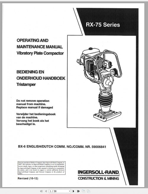 Ingersoll Rand Light Compaction RX 75 Parts Manual, Operating and Maintenance Manual 2012