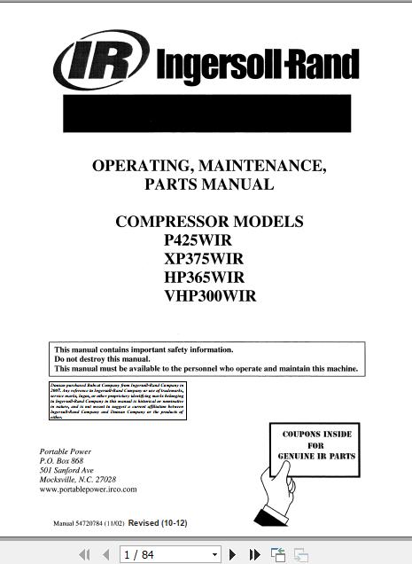 Ingersoll Rand Portable Compressor HP365 Operating Maintenance Parts ...