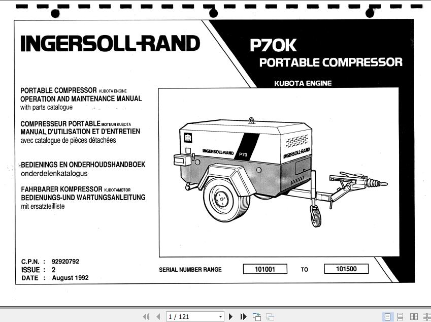 Ingersoll Rand Portable Compressor P70 Operation And Maintenance Manual ...