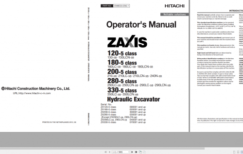 Hitachi Excavator Zaxis ZX210 5B Parts Catalog, Technical Operation Manual, Workshop Manual, Electri