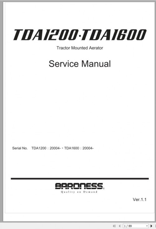 Baroness Tractor Mounted Aerator TDA1200 TDA1600 20004 Service Manual