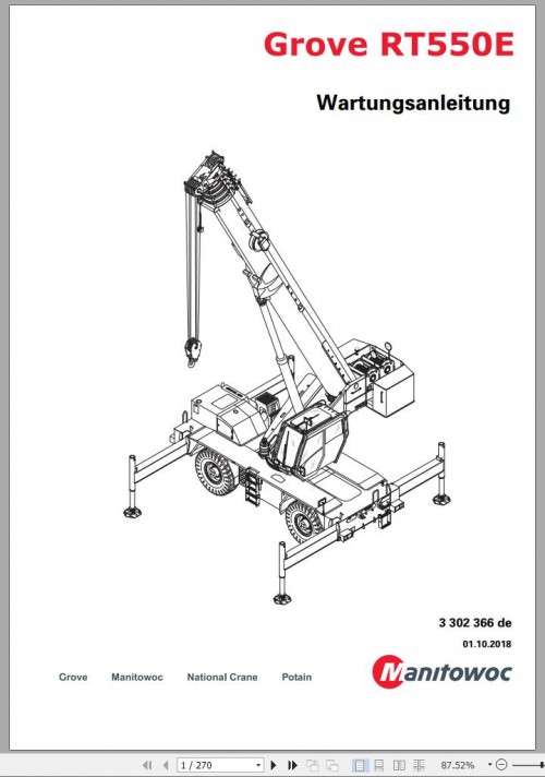Grove Crane RT550E Parts Catalog, Maintenance Manual EN DE