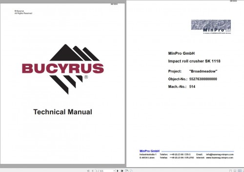CAT Bucyrus Impact Roll Crusher SK1118 Operating Manual BI619004