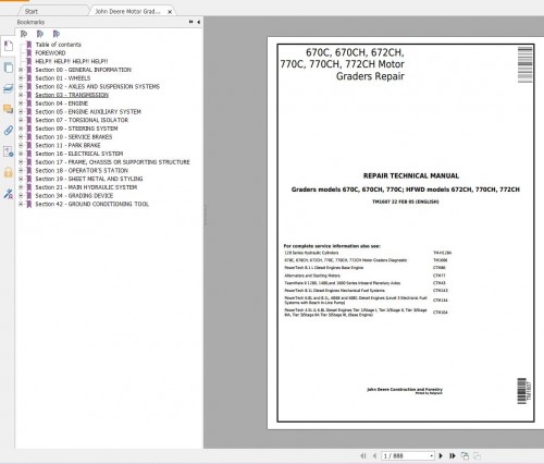 John Deere Motor Grader 670C 670CH 672CH 770C 770CH 772CH Repair Technical Manual TM1607 (2)