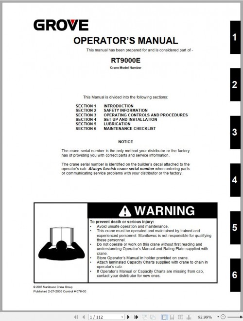 Grove Crane RT9000E Operator Manual and Schematic