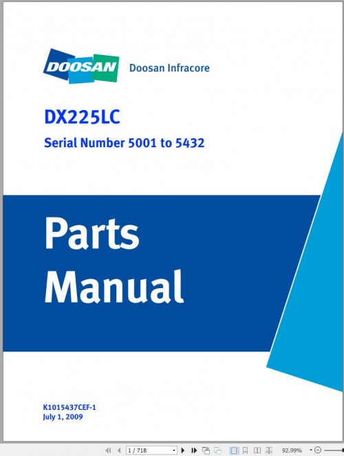 Doosan Excavator DX225LC Parts Manual 5001 to 5432 K1015437CEF 1 07.2009 EN FR