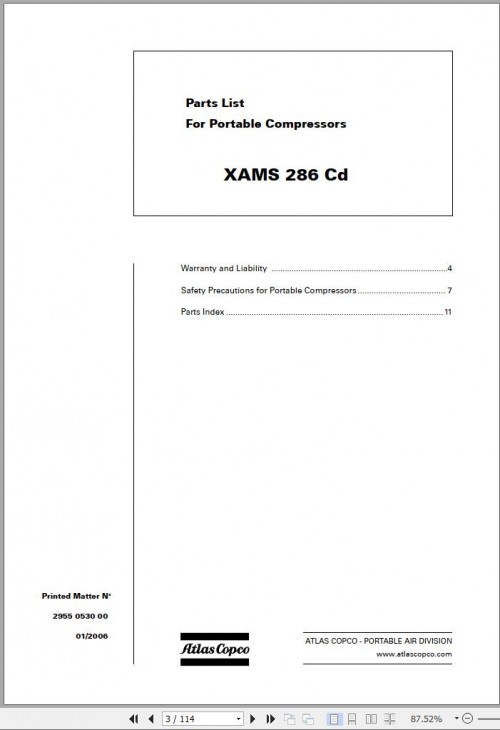 Atlas Copco Portable Compressors XAMS 286 Cd Spare Parts List 2006