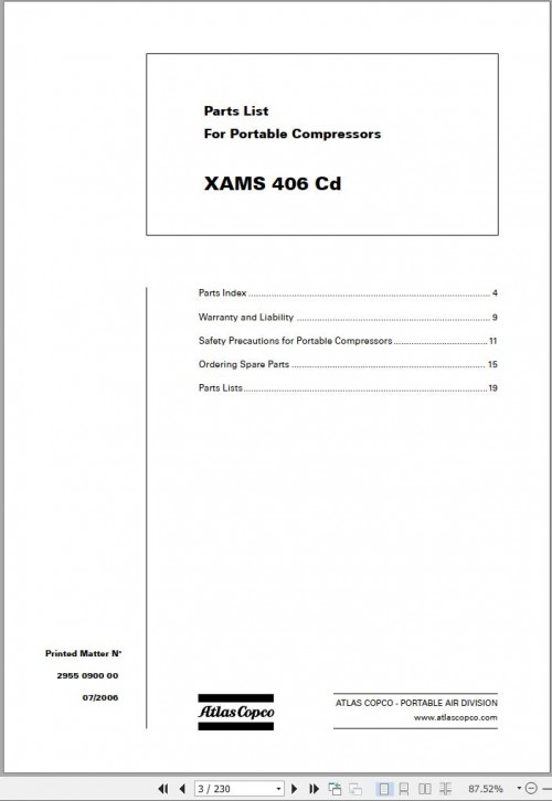 Atlas Copco Portable Compressors XAMS 406 Cd 2955 0900 00 Spare Parts List 2006