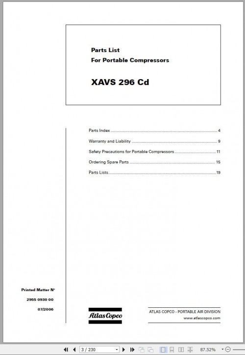 Atlas Copco Portable Compressors XAVS 296 Cd Spare Parts List 2006