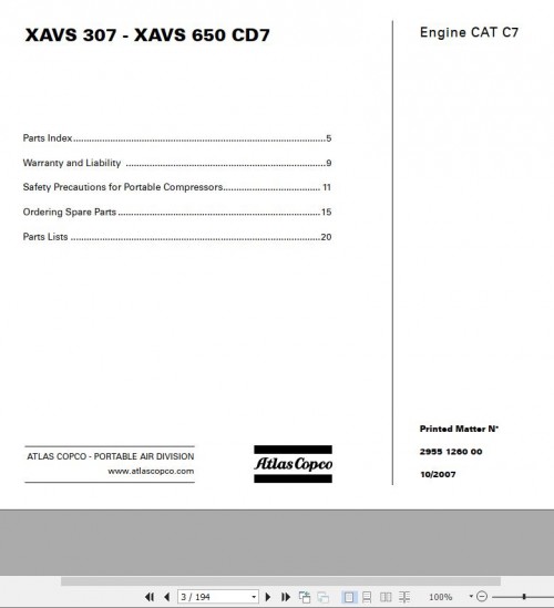 Atlas Copco Portable Compressors XAVS 307 XAVS 650 CD7 Spare Parts List 2007
