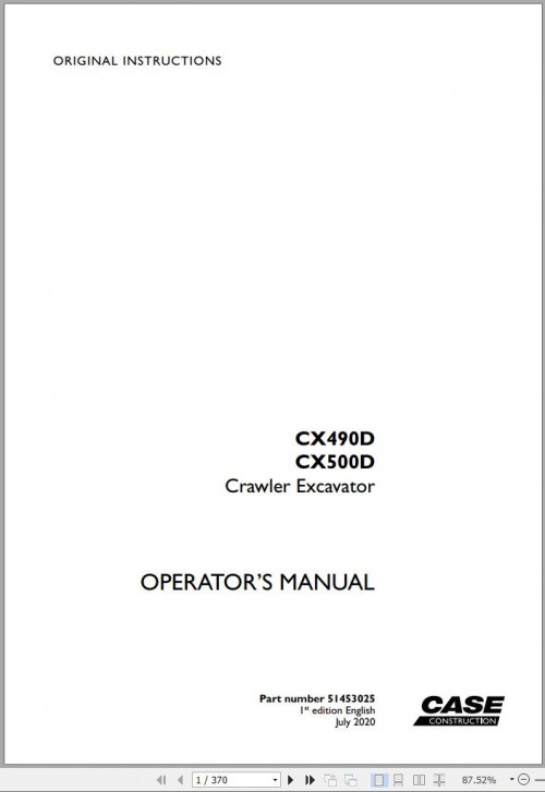 Case Crawler Excavator CX490D CX500D Operators Manual 07.2020