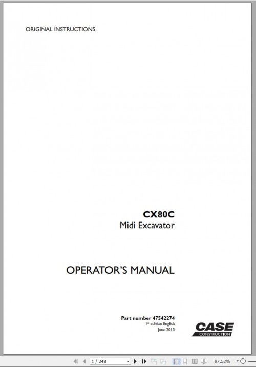 Case Mini Excavator CX80C Operators Manual 06.2013