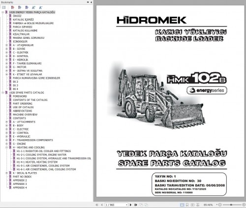 Hidromek Backhoe Loader HMK 102B ENERGY Spare Parts Catalog 110000 EN TR