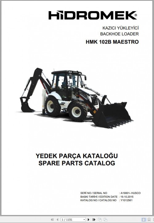 Hidromek Backhoe Loader HMK 102B MAESTRO Spare Parts Catalog A19001 HUSCO EN TR