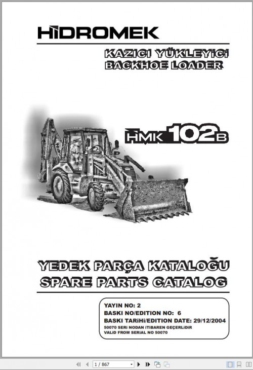 Hidromek Backhoe Loader HMK 102B Spare Parts Catalog 50070 EN TR