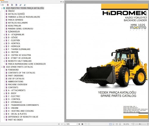 Hidromek Backhoe Loader HMK 102S MAESTRO Spare Parts Catalog A60001 EN TR