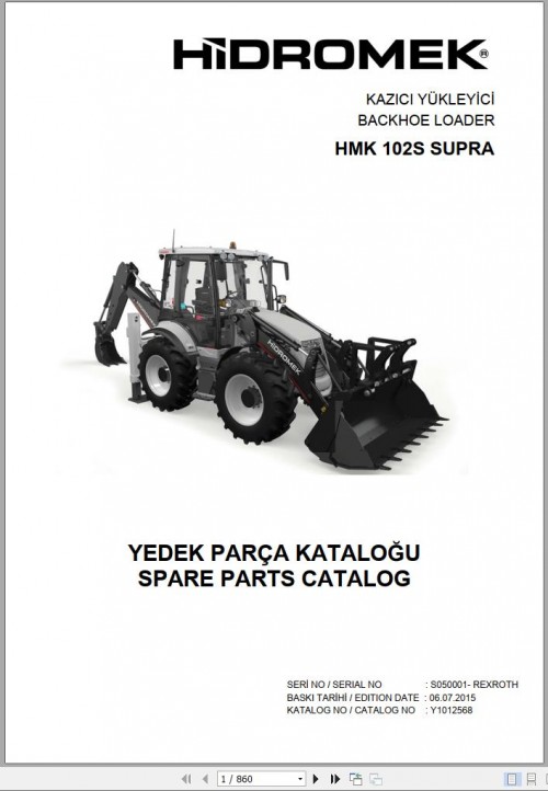 Hidromek Backhoe Loader HMK 102S SUPRA Spare Parts Catalog S050001 REXROTH EN TR