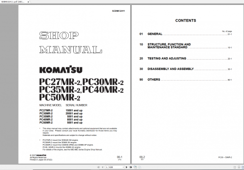 Komatsu PC27MR 2 PC30MR 2 PC35MR 2 PC40MR 2 PC50MR 2 Shop Manual 1