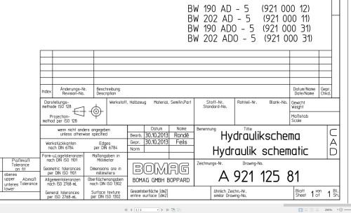 Bomag BW190 202 AD ADO 5 Hydraulic Schematic Drawing No A92112581 2013 EN DE