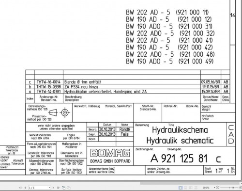 Bomag BW190 202 AD ADO 5 Hydraulic Schematic Drawing No A92112581 03 2013 EN DE