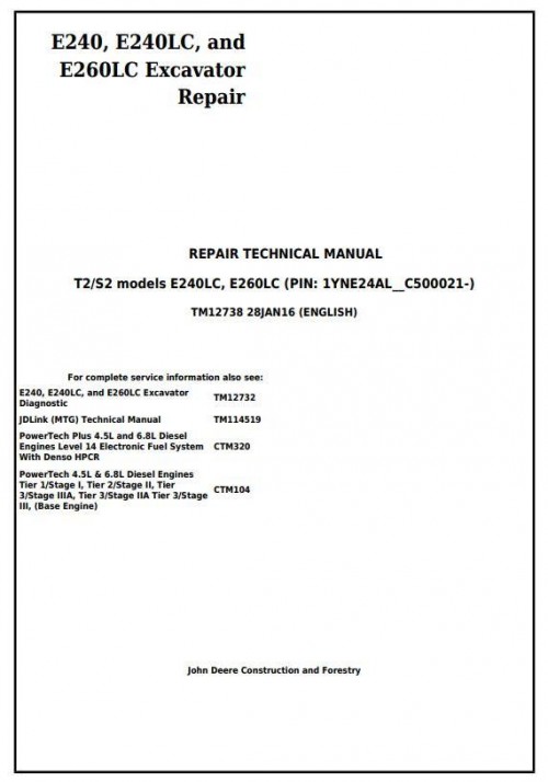 John Deere E240, E240LC and E260LC (T3S3A) Excavator Service Repair Technical Manual PDF TM12738 (1)