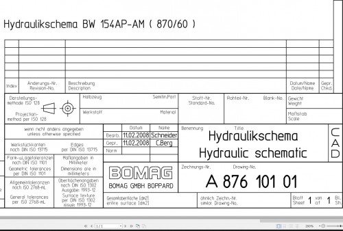 Bomag BW154AP AM Hydraulic Schematic Drawing No 87610101 2008 EN DE