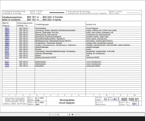 Bomag BW161 4 to BW202 4 Family Wiring Diagram Drawing No 92010001 2003 EN DE