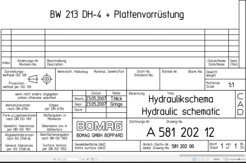 Bomag BW213DH 4 Hydraulic Schematic Drawing No A58120212 2007 EN DE