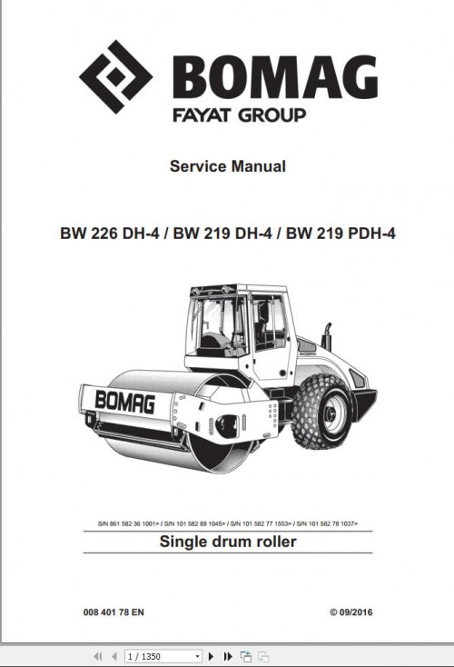 Bomag BW219DH 4 Service Training, Service Manual, Operating And Maintenance Instruction EN ES FR