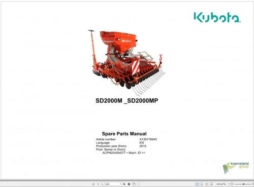 Kubota Seed Drills SD2000M SD2000MP Spare Parts Manual 2015