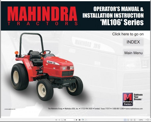 Mahindra Tractor ML106 Series Operator Manual and Installation Instruction