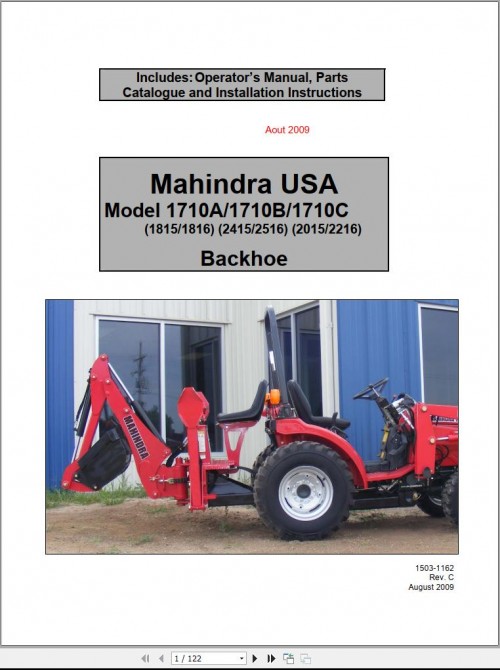 Mahindra Tractor USA Backhoe 1710A 1710B 1710C Operator Manual, Parts Manual and Installation Instru