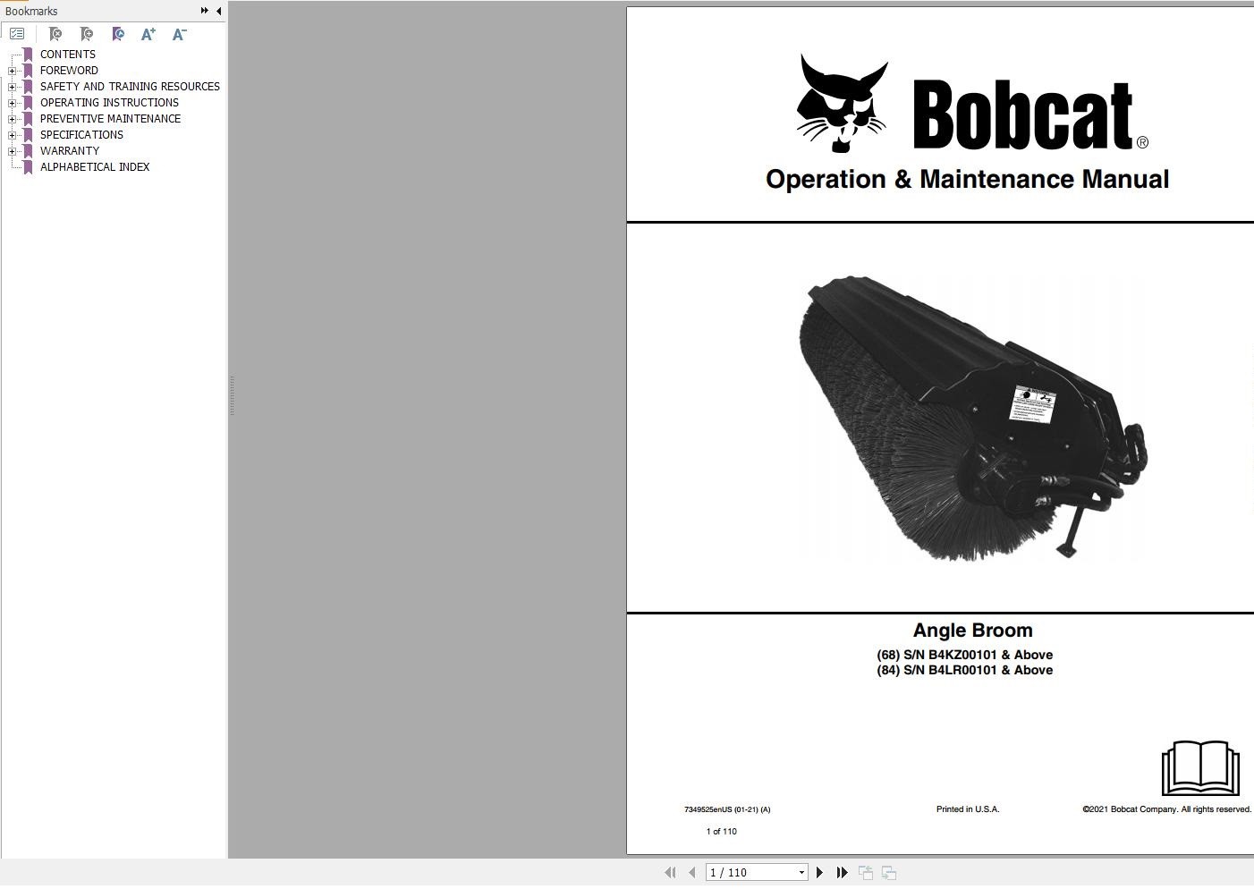 Bobcat Angle Broom 68 84 Operation and Maintenance Manual 7349525 01.