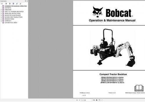Bobcat Compact Tractor Backhoe BH66 BH76 BH86 BH86 5 Operation and Maintenance Manual 7376988 2020
