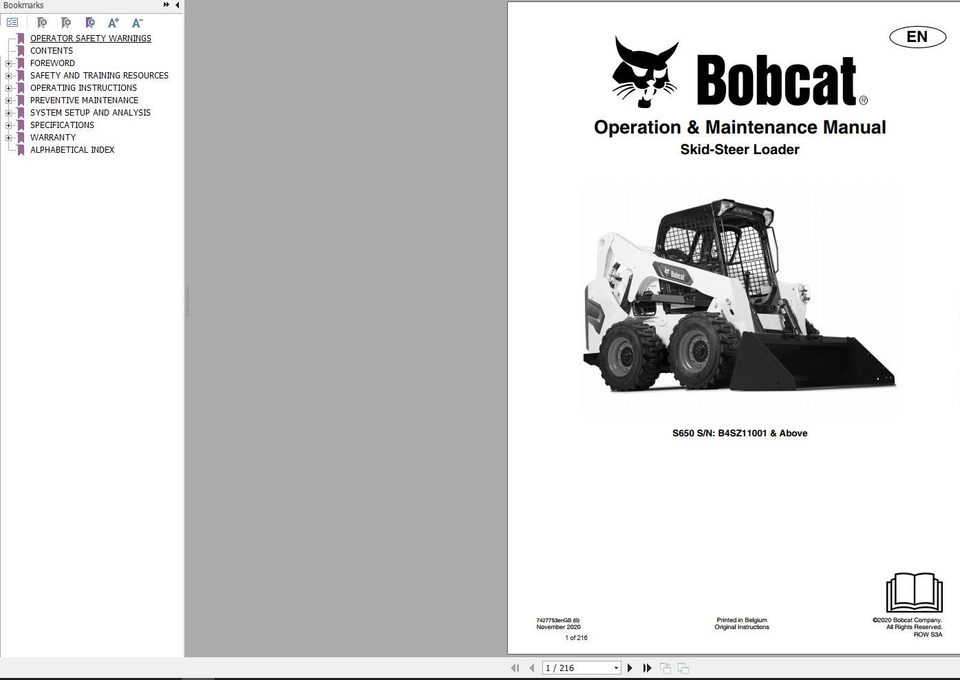 Bobcat SkidSteer Loader S650 Operation and Maintenance Manual 7427753