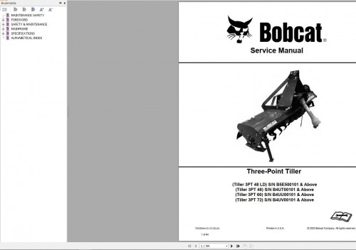 Bobcat Three Point Tiller 3PT48 to 3PT72 Service Manual 7383804 12.2020