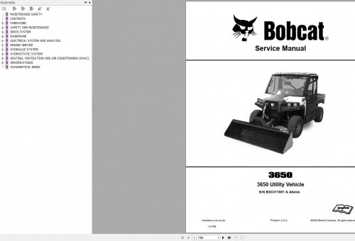 Bobcat Utility Vehicle 3650 Service Manual 7252958 2020