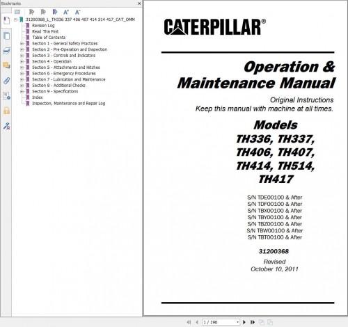 CAT Telehandler TH417 Operation And Maintenance Manual