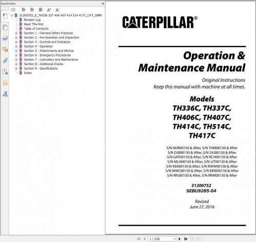 CAT Telehandler TH417C Parts,Service Manual, Operation And Maintenance Manual