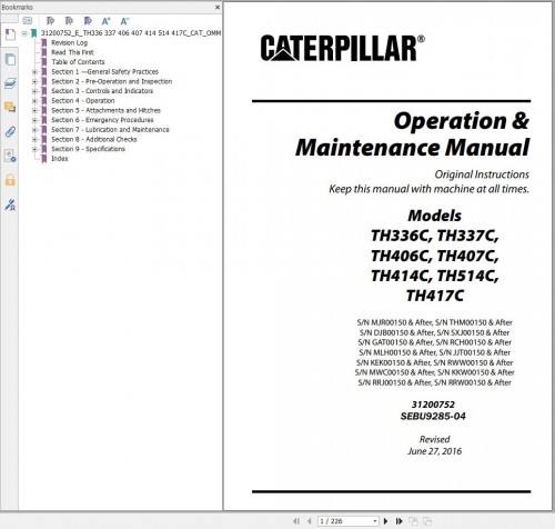 CAT Telehandler TH514C Parts Manual, Service Manual, Operation And Maintenance Manual